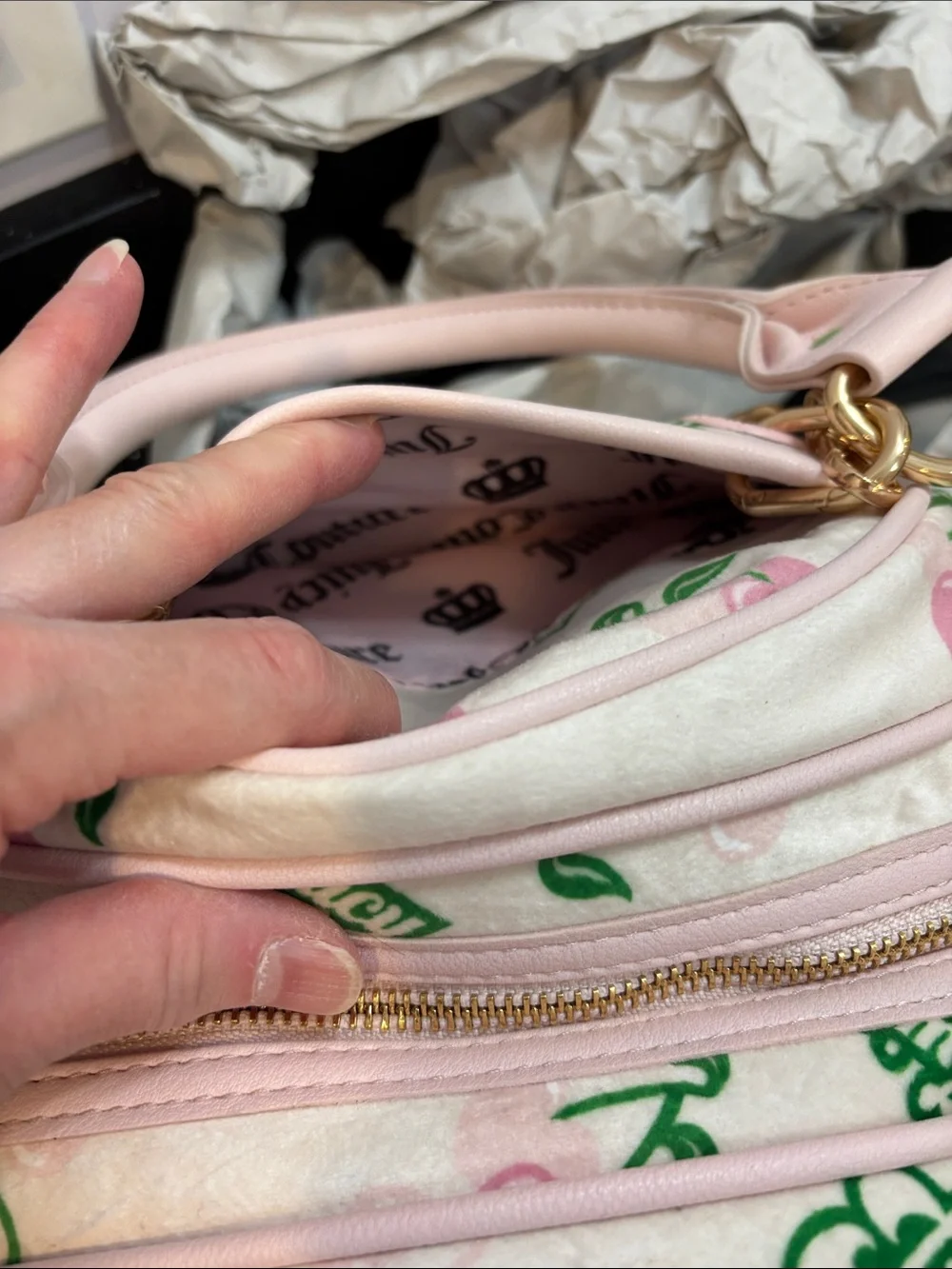 NWT Juicy Couture Light Pink Cherry-Print Satchel with Gold Hardware